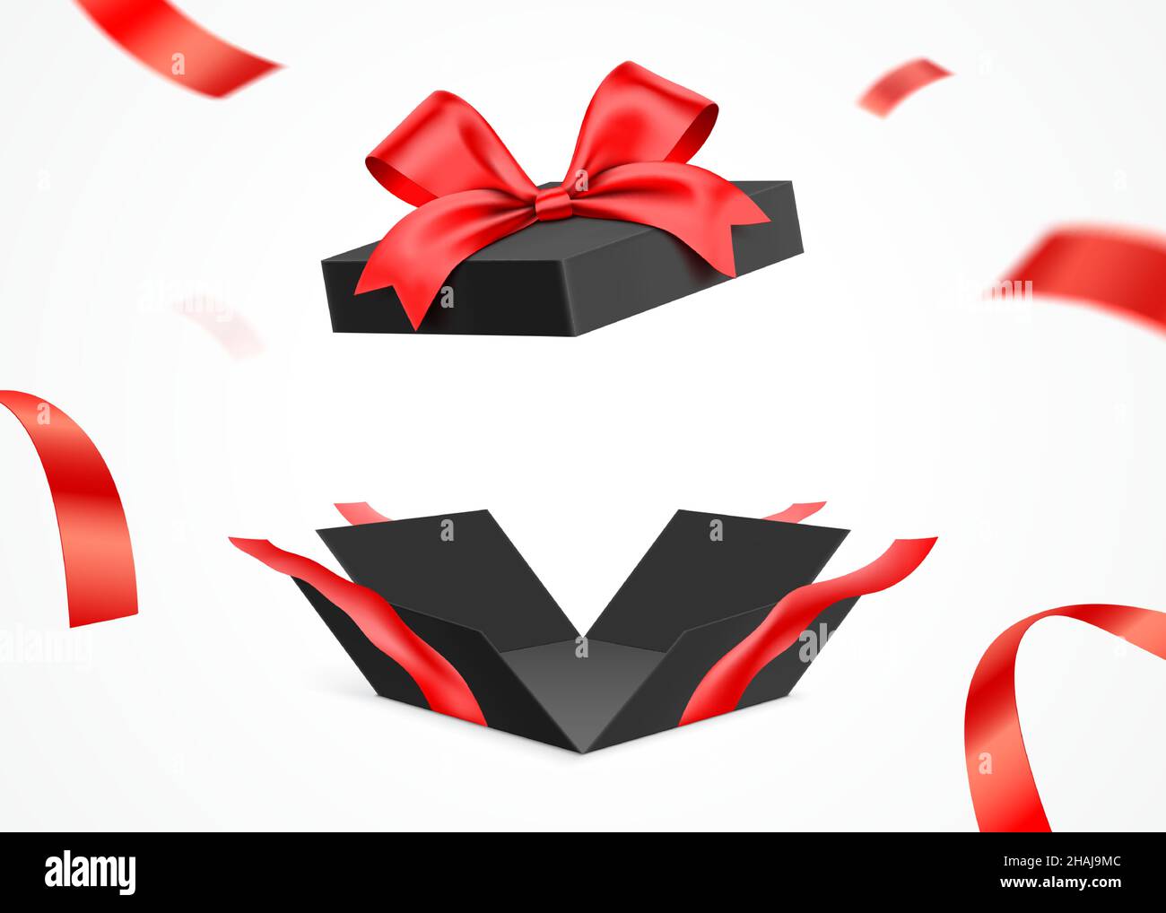 Boîte-cadeau noire éclatée avec ruban rouge, isolée sur fond blanc.Présenter la boîte cadeau avec espace vide, illustration vectorielle. Illustration de Vecteur