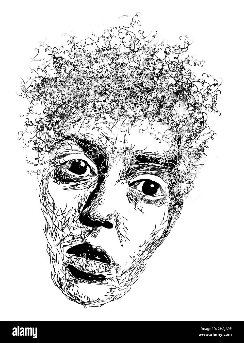 Dessin d'une femme d'âge moyen à une femme âgée avec des cheveux bouclés. Banque D'Images