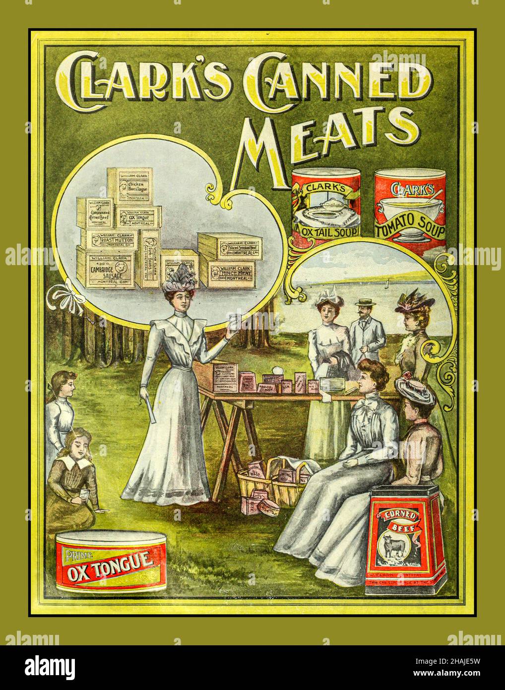 1900 VIANDES EN CONSERVE ET SOUPES CLARKS affiche de produits anciens Banque D'Images