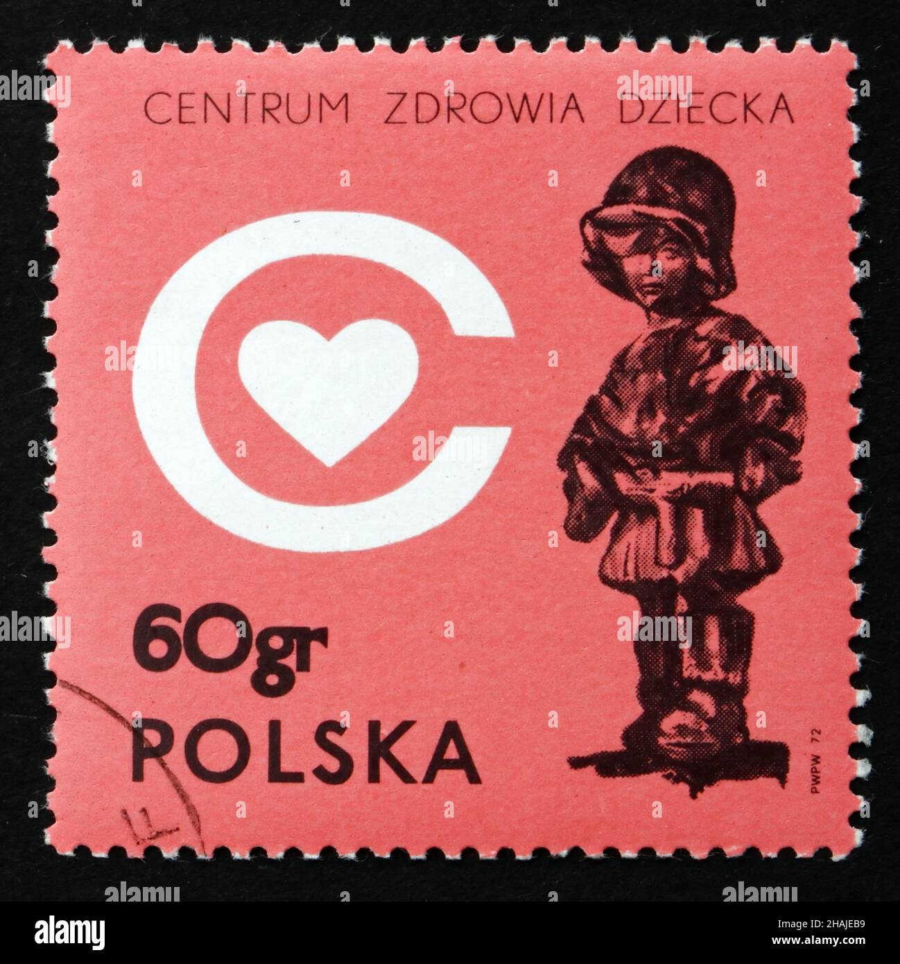 POLOGNE - VERS 1972: Un timbre imprimé en Pologne montre le petit soldat, par E. Piwowarski, Centre de santé pour enfants, qui sera construit comme Mémorial, à C Banque D'Images