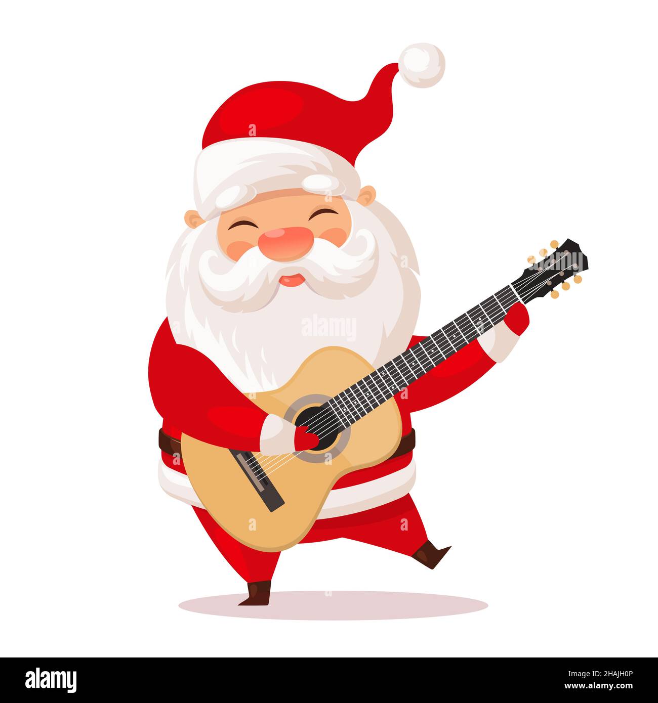 Le Père Noël mignon joue de la guitare acoustique, dessin animé vectoriel. Illustration de Vecteur