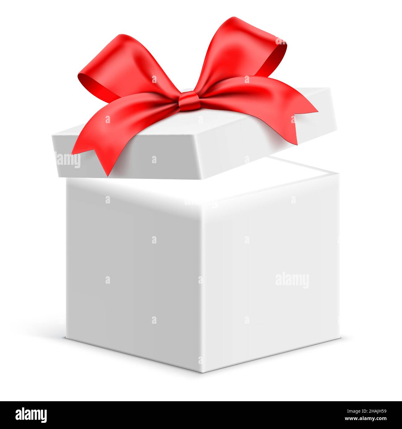 Boîte cadeau blanche légèrement ouverte avec ruban rouge et lumière mystère brillant de l'intérieur.Boîte cadeau vectorielle isolée sur l'arrière-plan. Illustration de Vecteur