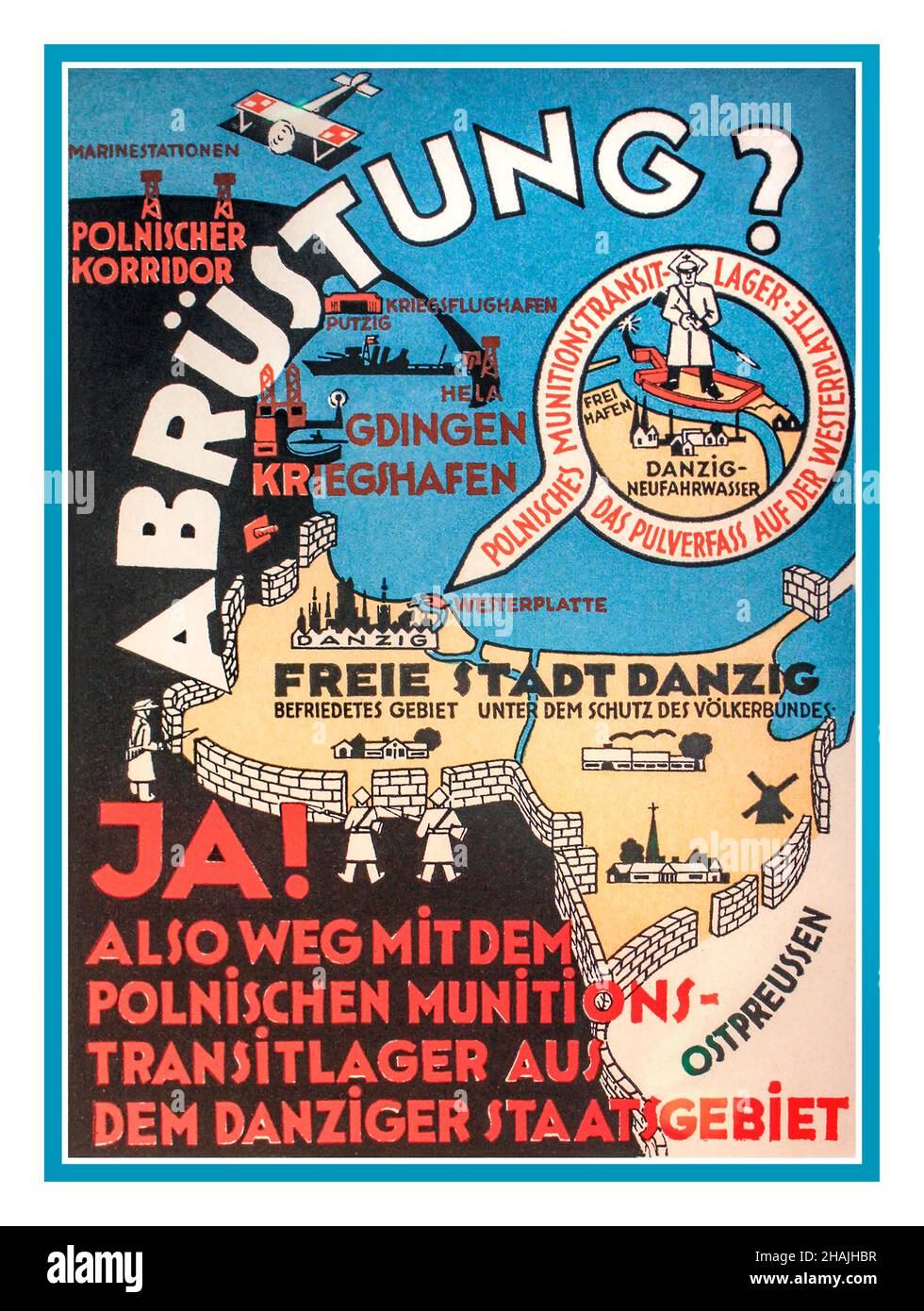 ABRUSTUNG ?1939 propagande allemande Poster questionnant LE DÉSARMEMENT dans la ville libre de Gdańsk.L'affiche allemande nazie a diffusé la menace polonaise contre Gdańsk et a exigé que le dépôt de transit militaire sur la péninsule de Westerplatte soit fermé. Banque D'Images