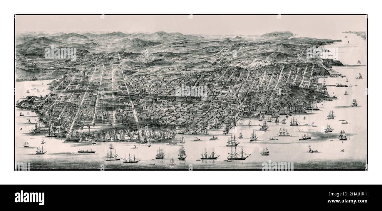 SAN FRANCISCO BAY 1800s CARTE D'ÉPOQUE 3D ÉTATS-UNIS - VERS 1864: Vue panoramique de San Francisco, Californie depuis le dessus de la baie vers l'ouest.ÉTATS-UNIS Banque D'Images