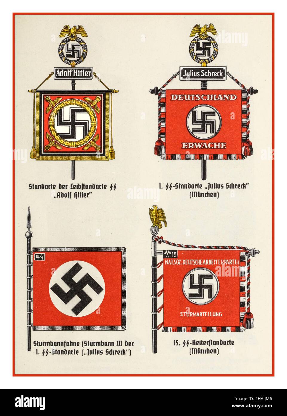 Vintage 1930s Nazis bannières drapeaux Rally Insignia illustration de la publication officielle de l'organisation nazie ADOLF HITLER, JULIUS SCHRECK, STURMBANNEFAHNE SS STANDARTE, SS REITERSTANDARTE (MUNCHEN) Banque D'Images