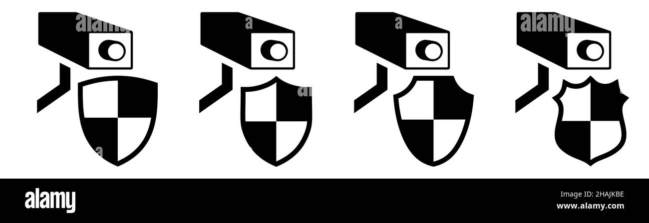 Icône de caméra CCTV derrière le bouclier, différentes versions.Concept de surveillance de la protection et de la sécurité Illustration de Vecteur