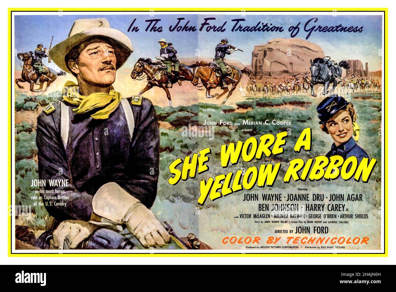 ELLE PORTAIT Un RUBAN JAUNE affiche du film rétro « il portait un ruban jaune » avec John Wayne, réalisé par John Ford John Wayne, Joanne Dru, John Agar, Ben Johnson, Harry Carey,Jr., 1949. Banque D'Images