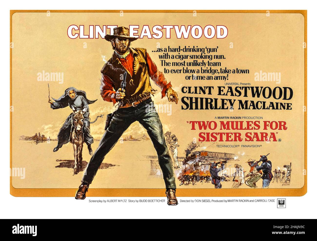 Vintage Movie film Poster 'Two Mules for Sister Sara' est un film occidental américano-mexicain de 1970 réalisé par Don Siegel et mettant en vedette Shirley MacLaine SET pendant l'intervention française au Mexique (1861–1867).L'intrigue suit un mercenaire américain qui se mêle à une nonne et aide un groupe de rebelles juaristes pendant le règne marionneux de l'empereur Maximilian au Mexique.Le film a présenté des acteurs et actrices américains et mexicains, y compris en étant filmés dans la campagne pittoresque près de Tlayacapan, Morelos.Ennio Morricone a composé la musique du film.© Universal Pictures en contex Banque D'Images