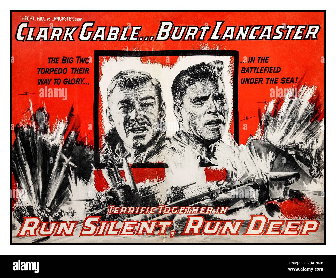 RUN SILENT RUN DEEP Vintage Movie film Poster 'Run Silent, Run Deep' est un film de guerre américain noir et blanc de 1958 d'United Artists, basé sur le roman de 1955 du même nom du commandant (plus tard le capitaine) Edward L. Beach Jr.Il a été réalisé par Robert Wise, produit par Harold Hecht, et a joué Clark Gable et Burt Lancaster.L'histoire décrit la guerre sous-marine de la Seconde Guerre mondiale dans l'océan Pacifique, en plus de Clark Gable et Lancaster jouant les pistes, le film présente également Jack Warden et a été le premier film de Don Rickles. Banque D'Images