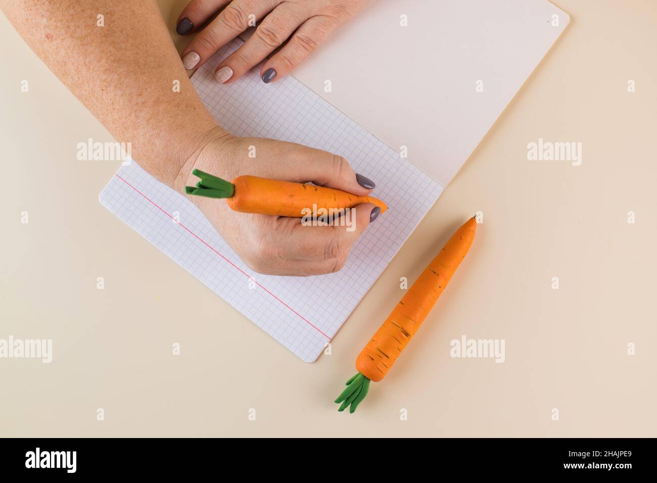 Femme écrit avec un stylo dans un tubage en forme de carotte fait à la main  à la table beige vue supérieure Photo Stock - Alamy