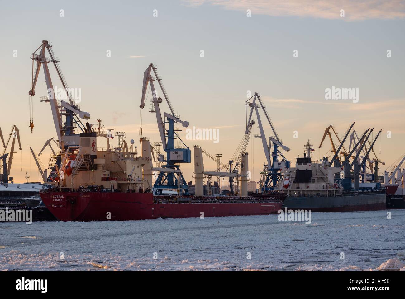 Saint-Pétersbourg, Russie - 10 décembre 2021 : port de fret maritime de Saint-Pétersbourg en hiver.Des navires de cargaison secs à la berth avec des grues de port Banque D'Images