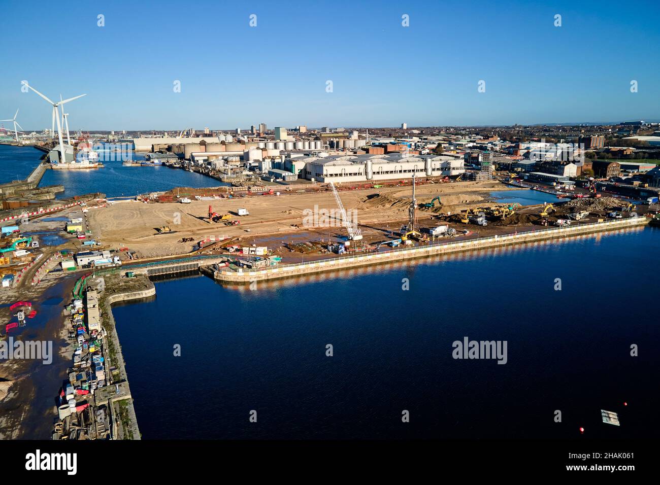 Liverpool, Merseyside, Royaume-Uni - décembre 02 2021.Vue aérienne générale du quai de Bramley-Moore lors de la construction d'un nouveau stade de football pour Everton foot Banque D'Images