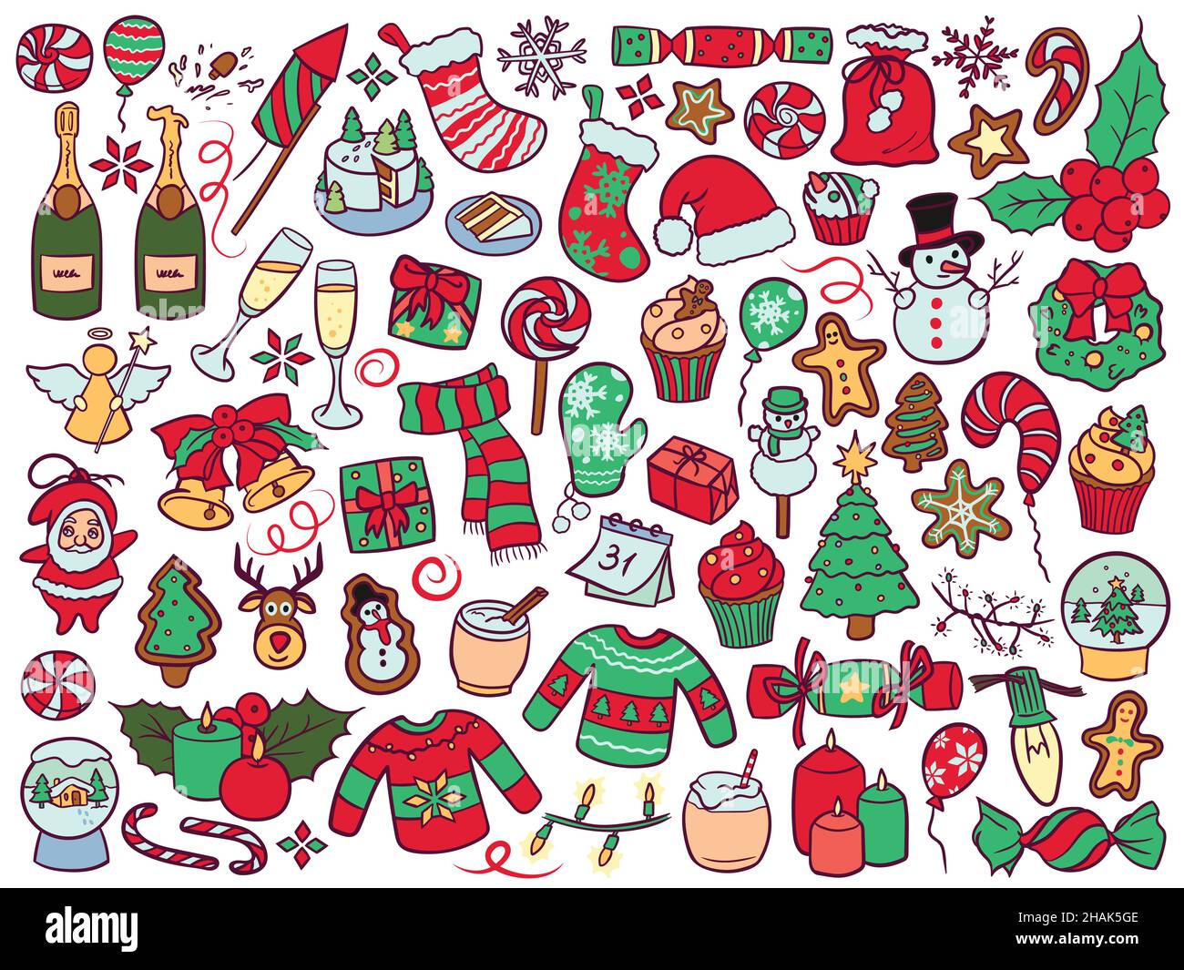 Collection d'objets et d'éléments liés aux fêtes de Noël et de nouvel an dessinées à la main. Illustration de Vecteur