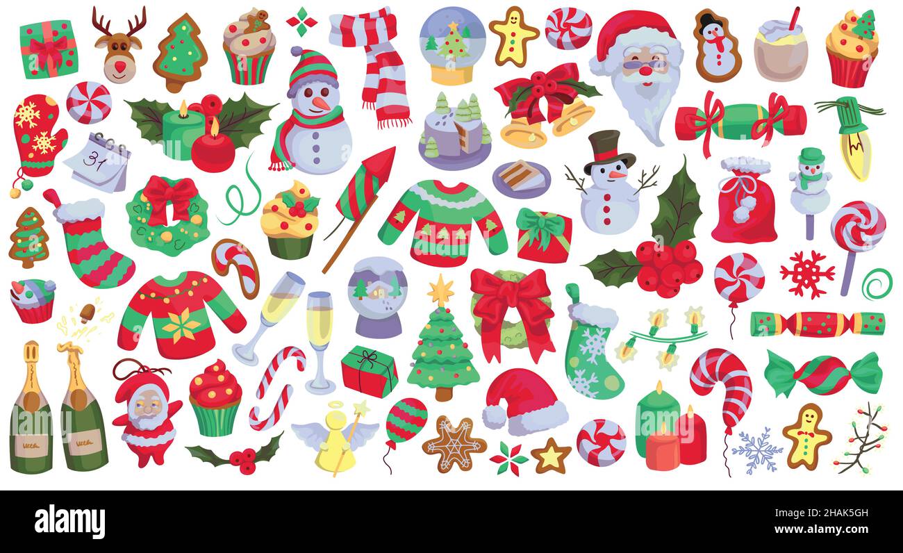 Collection d'objets et d'éléments liés aux fêtes de Noël et de nouvel an dessinées à la main. Illustration de Vecteur