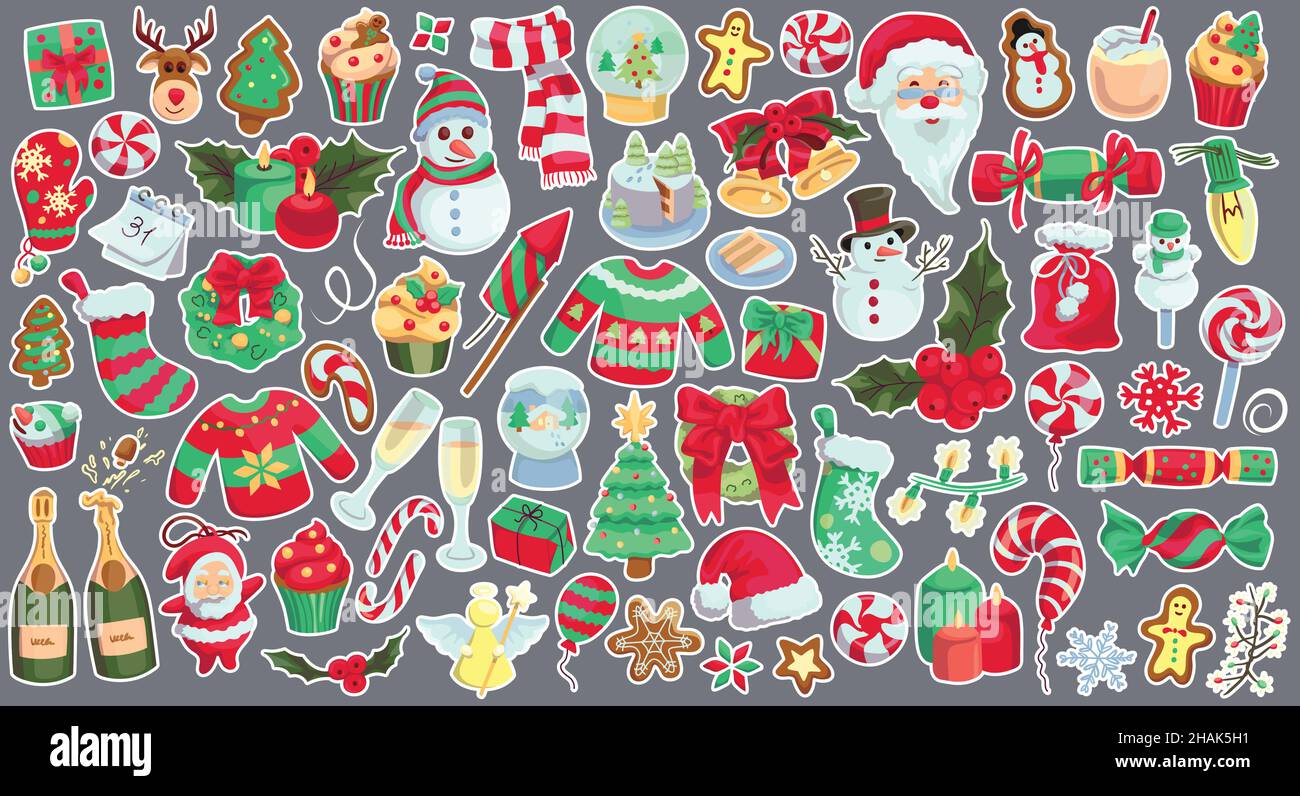 Collection d'objets et d'éléments liés aux fêtes de Noël et de nouvel an dessinées à la main. Illustration de Vecteur