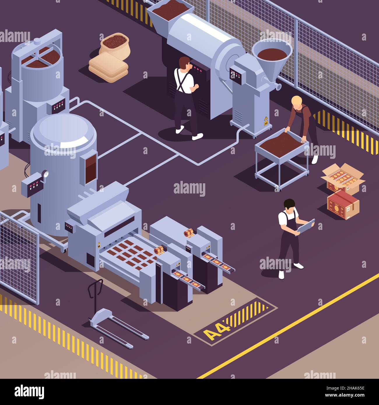 Usine de fabrication de chocolat Elément isométrique réaliste avec des opérateurs contrôlant le traitement des fèves de cacao bonbons machines de formage vecteur illustr Illustration de Vecteur