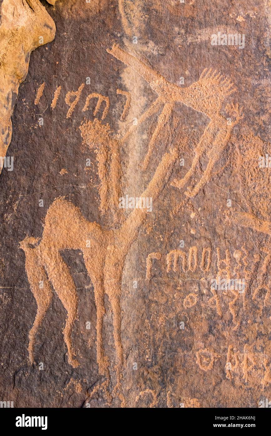 Jabal Umm Sanman Rock Art à Jubbah Arabie Saoudite datant de 10000 ans, région de Hail site du patrimoine mondial de l'UNESCO, Banque D'Images
