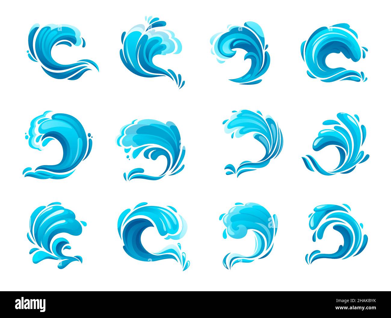 Icônes des vagues de l'océan tsunami, vagues de la mer de tempête bleue isolée et icônes vectorielles Surfs.Dessins animés des éclaboussures d'eau de mer et des vagues de mer surfent avec des gouttes d'eau, Illustration de Vecteur