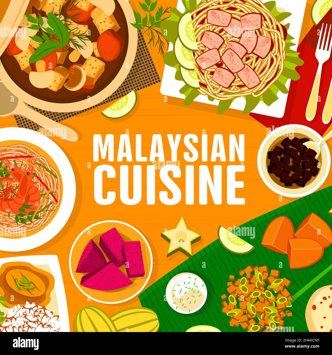 Le menu de la cuisine malaisienne couvre, des plats asiatiques et des plats malais, du riz vectoriel et du curry.Cuisine traditionnelle malaisienne dîner ou déjeuner, rouleaux de printemps, c Illustration de Vecteur