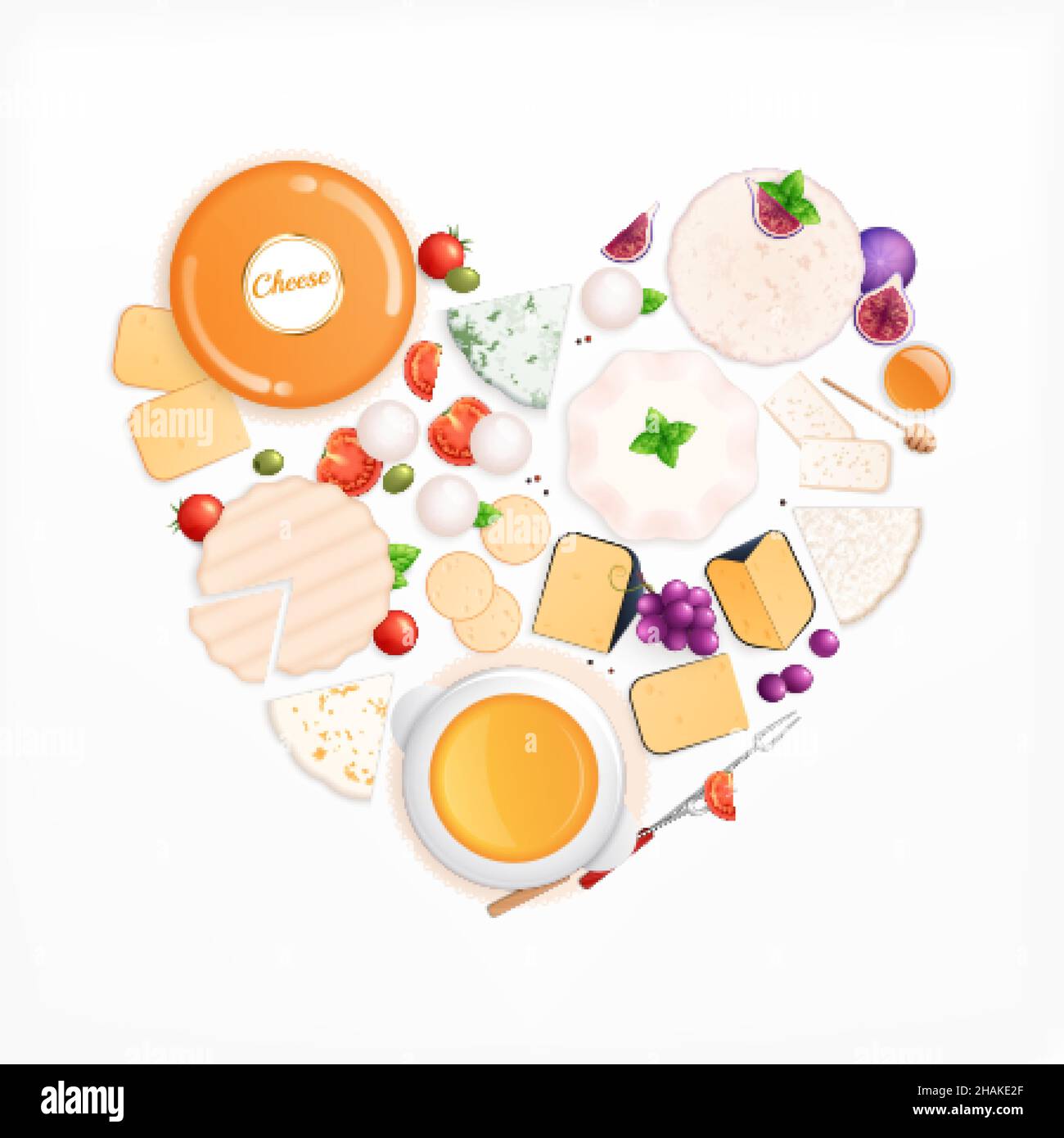 Composition plate de fromage avec vue de dessus de l'ensemble en forme de coeur de différents produits gastronomiques tranches de fromage illustration vectorielle Illustration de Vecteur