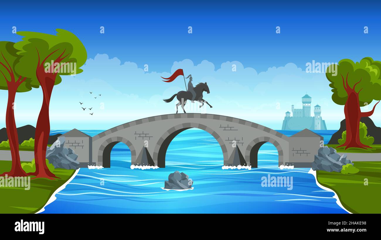 Ponts concept coloré petit pont en pierre reliant les deux banques et un homme à cheval sur elle illustration vectorielle Illustration de Vecteur