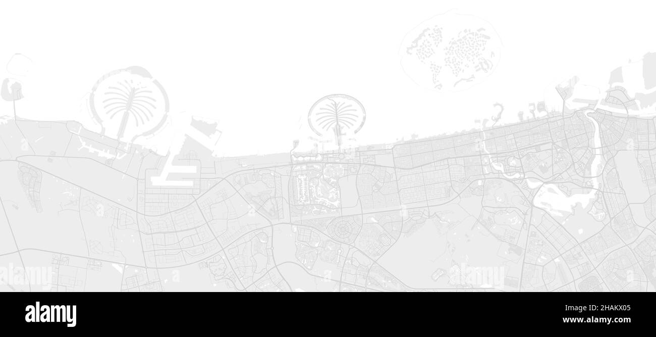 Carte d'arrière-plan vectorielle de la ville de Dubaï, blanc et gris clair, illustration de la cartographie des rues et de l'eau.Format écran large, design numérique plat str Illustration de Vecteur