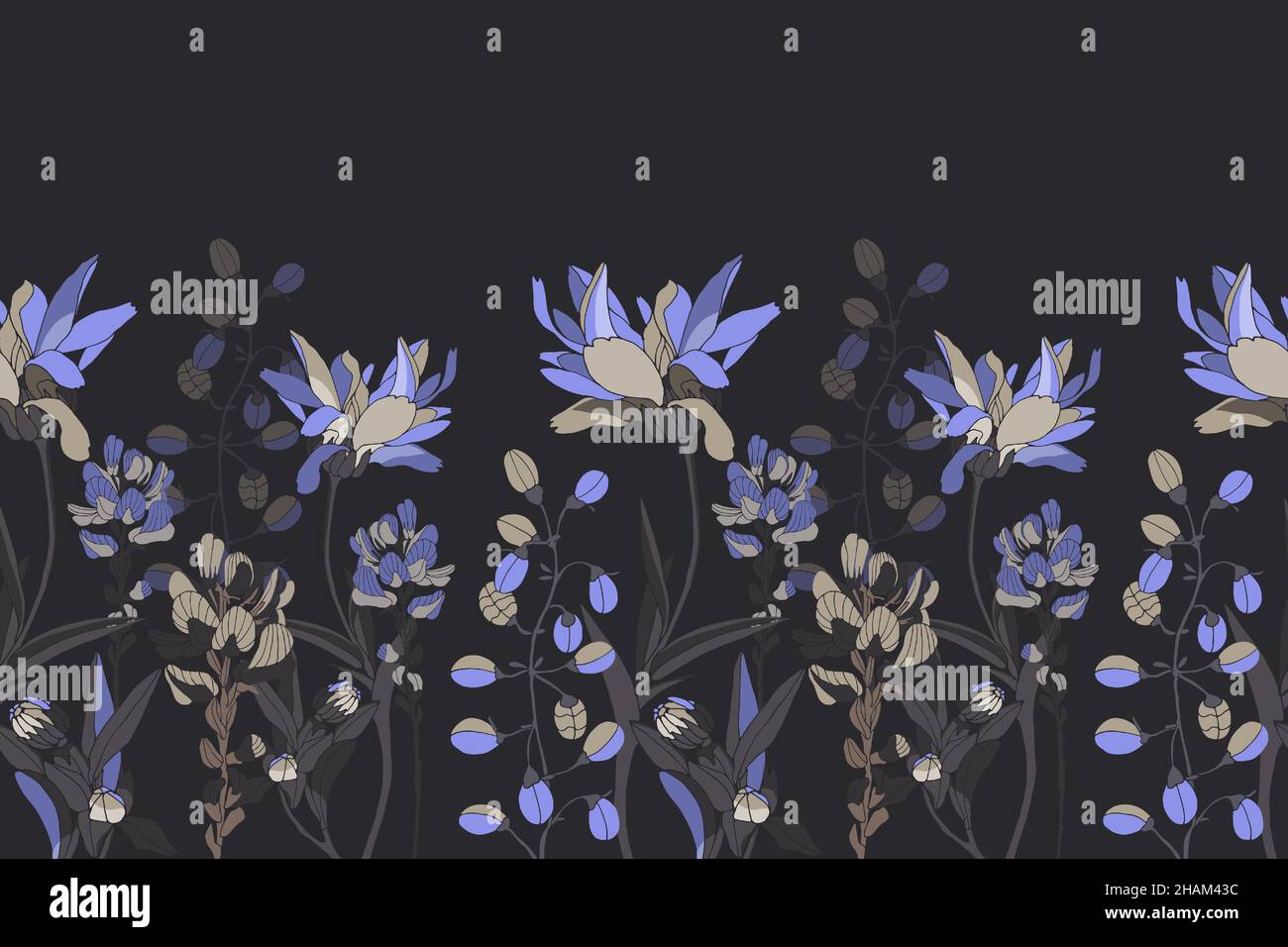 Motif fleuri vectoriel sans couture, bordure.Motif horizontal panoramique avec fleurs bleues et feuilles gris foncé. Illustration de Vecteur