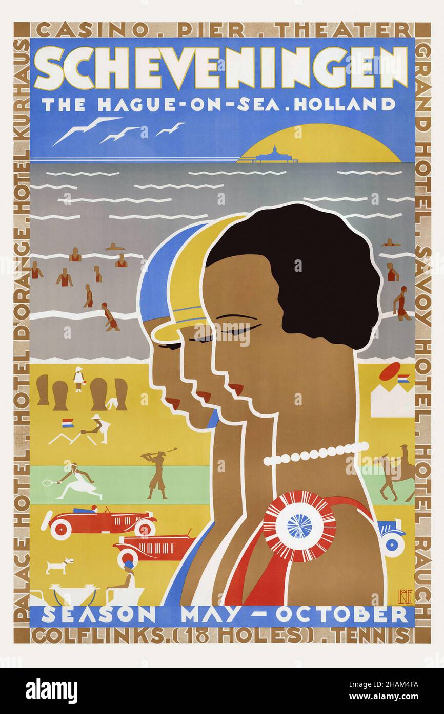 Scheveningen.La Haye en mer.Hollande par Louis Christian Kalff (1897-1976).Affiche publiée en 1931 aux pays-Bas. Banque D'Images