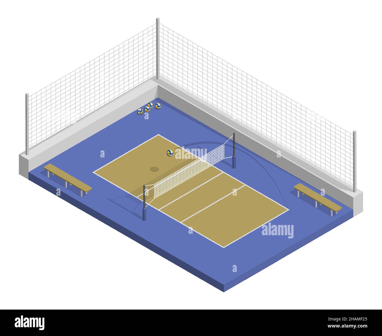 terrain de volley-ball isométrique avec filet, parquet et lignes de marquage.Terrain de volley-ball vue sur le dessus.Terrain de sport pour les loisirs actifs.Réaliste Illustration de Vecteur