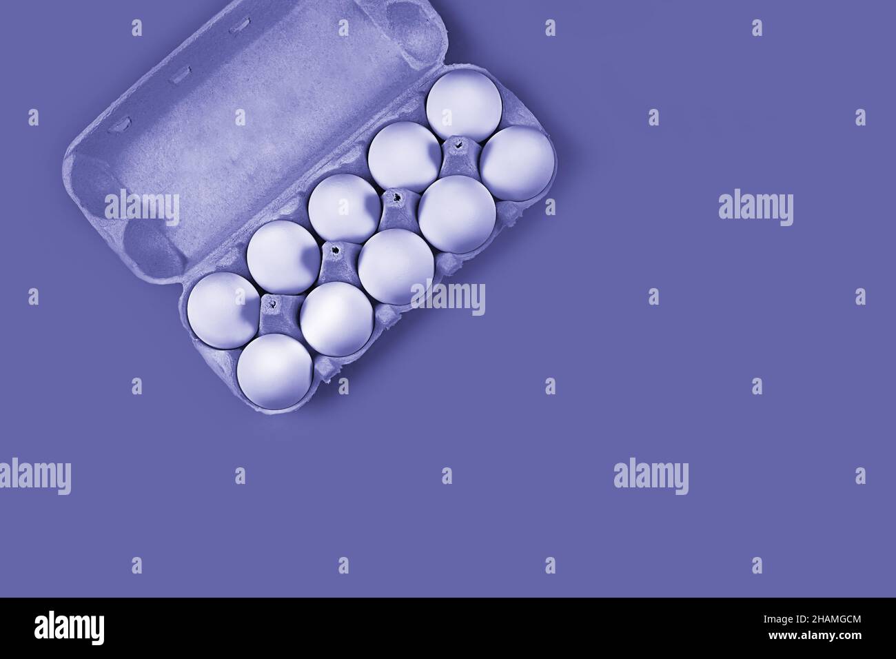 Oeufs de poulet blanc, 10 morceaux dans une boîte en carton dans le coin supérieur gauche sur un fond très péri lavande avec espace pour le texte, espace de copie.Concept - produits publicitaires, Banque D'Images