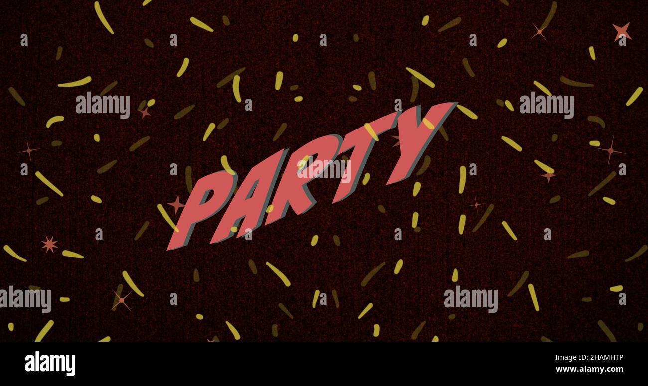 Composite numérique de texte de fête en majuscules sur confetti sur fond noir Banque D'Images