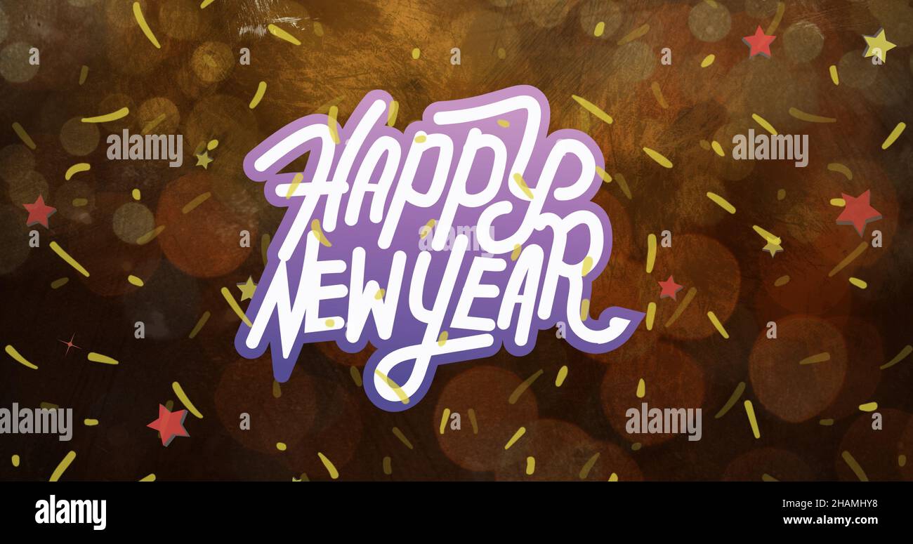 Composite numérique de texte du nouvel an heureux en lettres majuscules au milieu de confetti sur fond noir Banque D'Images