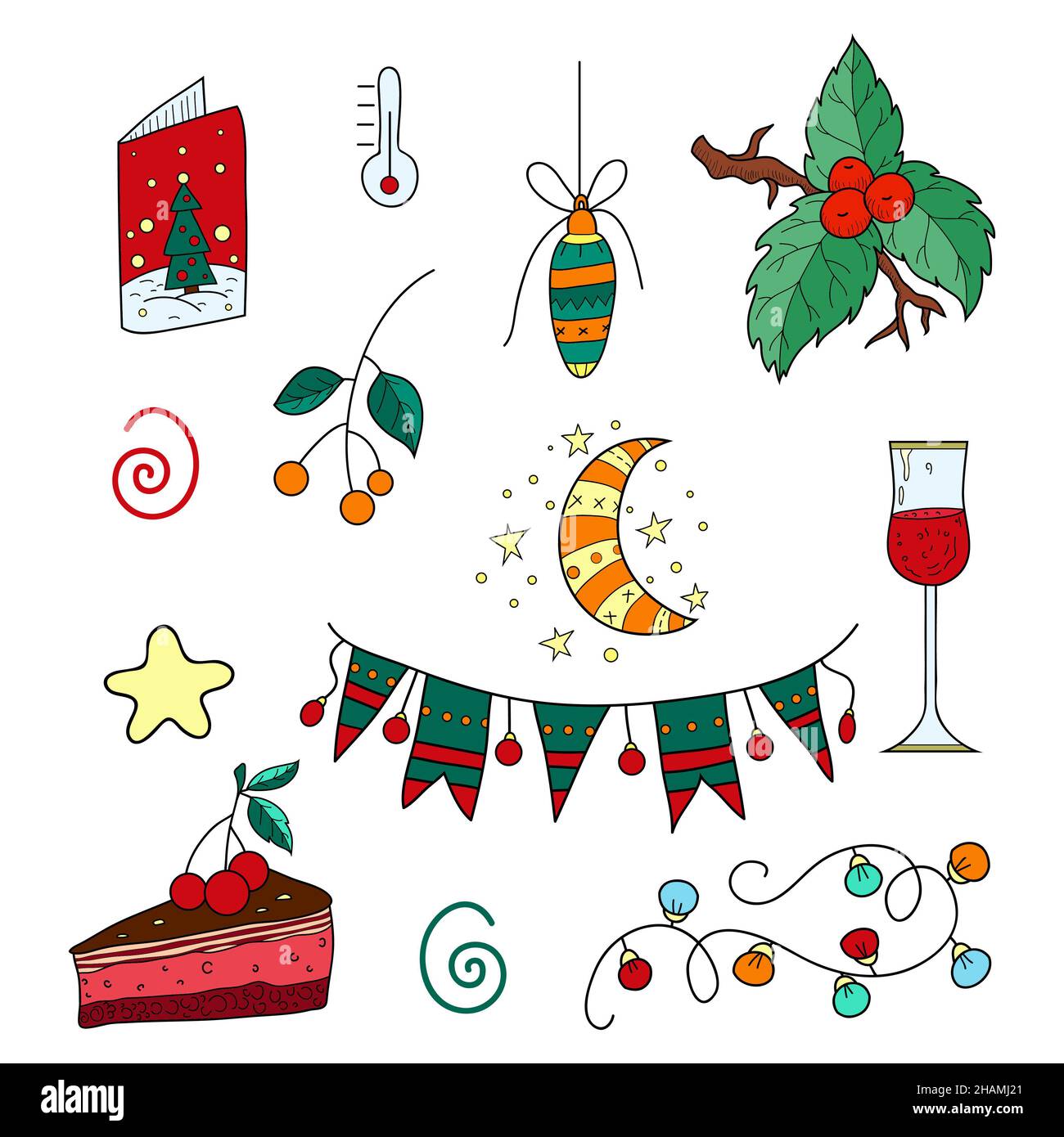 Un ensemble d'icônes de Noël pour le design, un bonbon, une plume, un gâteau, un jouet, des baies, une guirlande, un verre de champagne, une carte de vœux et une lune avec des étoiles pour l'impression. Banque D'Images