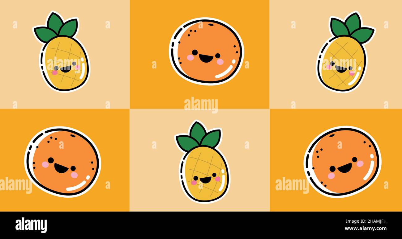 Image vectorielle des visages smiley sur les ananas et les oranges sur fond orange Banque D'Images