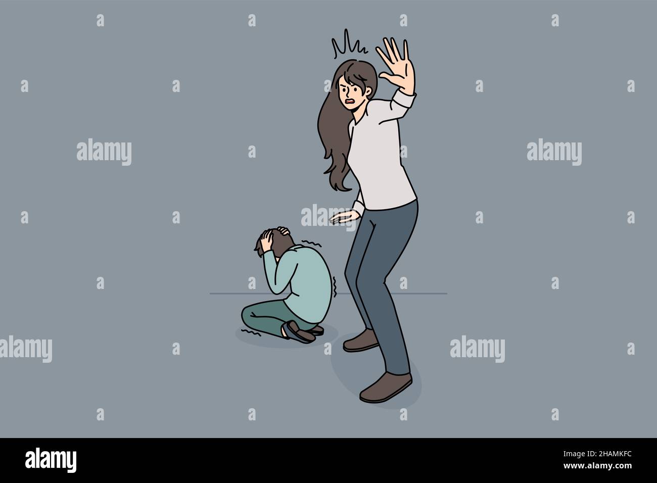 Abus à domicile et harcèlement.Femme terrifiée peur stressée mère debout et de demander arrêter la violence avec assis et couvrant oreilles enfant sur l'illustration vecteur de plancher Illustration de Vecteur