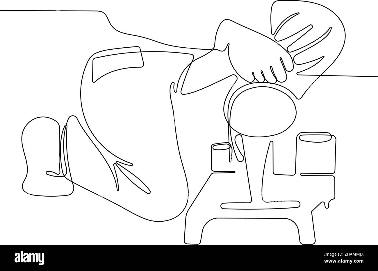 la main verse la peinture dans le plateau et plonge le rouleau Illustration de Vecteur