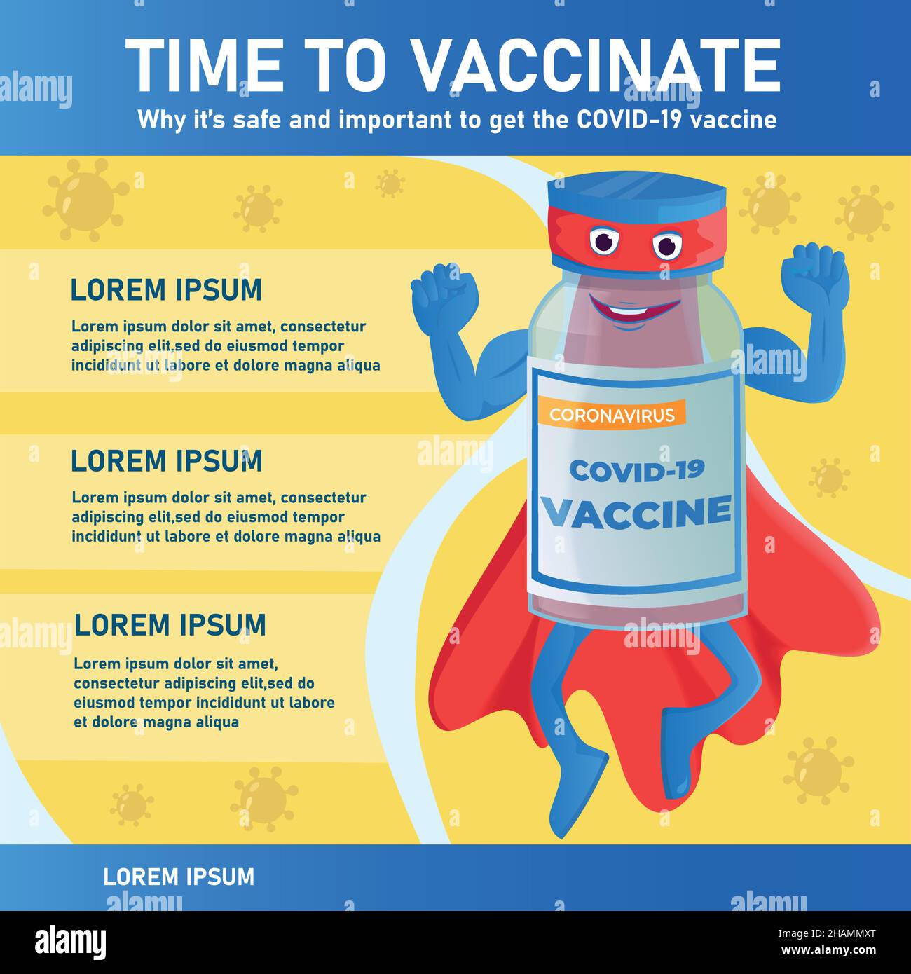 Conception du concept de vaccination.Le temps de vacciner bannière - flacon de vaccin comme un super-héros portant un cap et montre ses muscles. Illustration de Vecteur