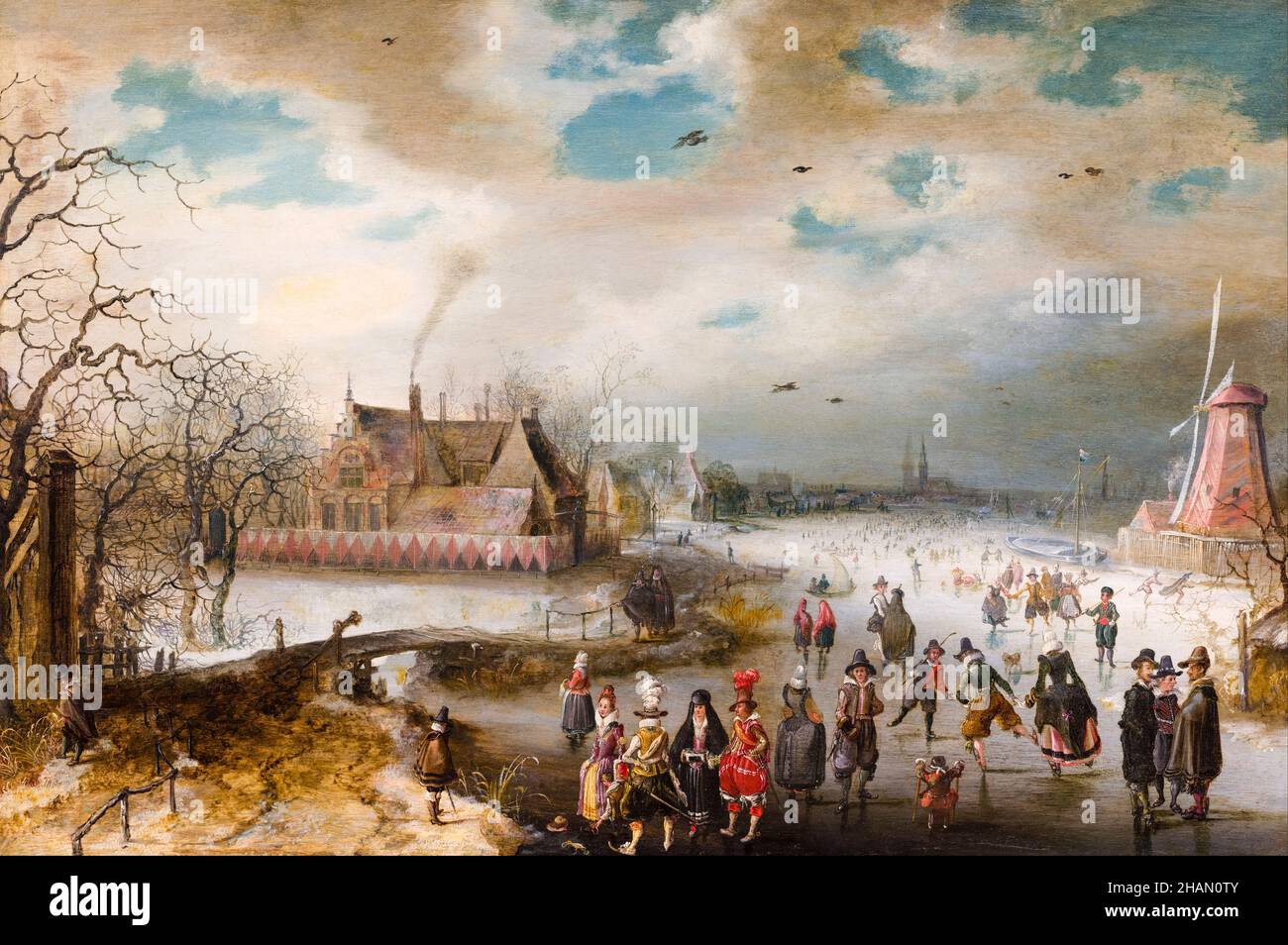 Patinage sur la rivière gelée Amstel, peinture par Adam van Breen, 1611 Banque D'Images