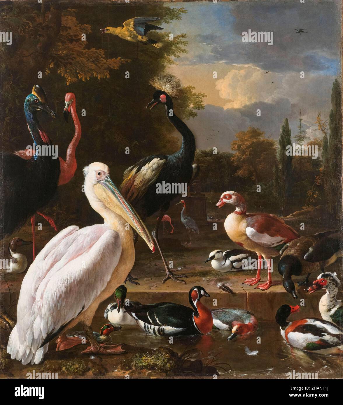 Un pélican et d'autres oiseaux près d'une piscine connue sous le nom de «la plume flottante», peinture de Melchior d'Hondecoeter, vers 1680 Banque D'Images