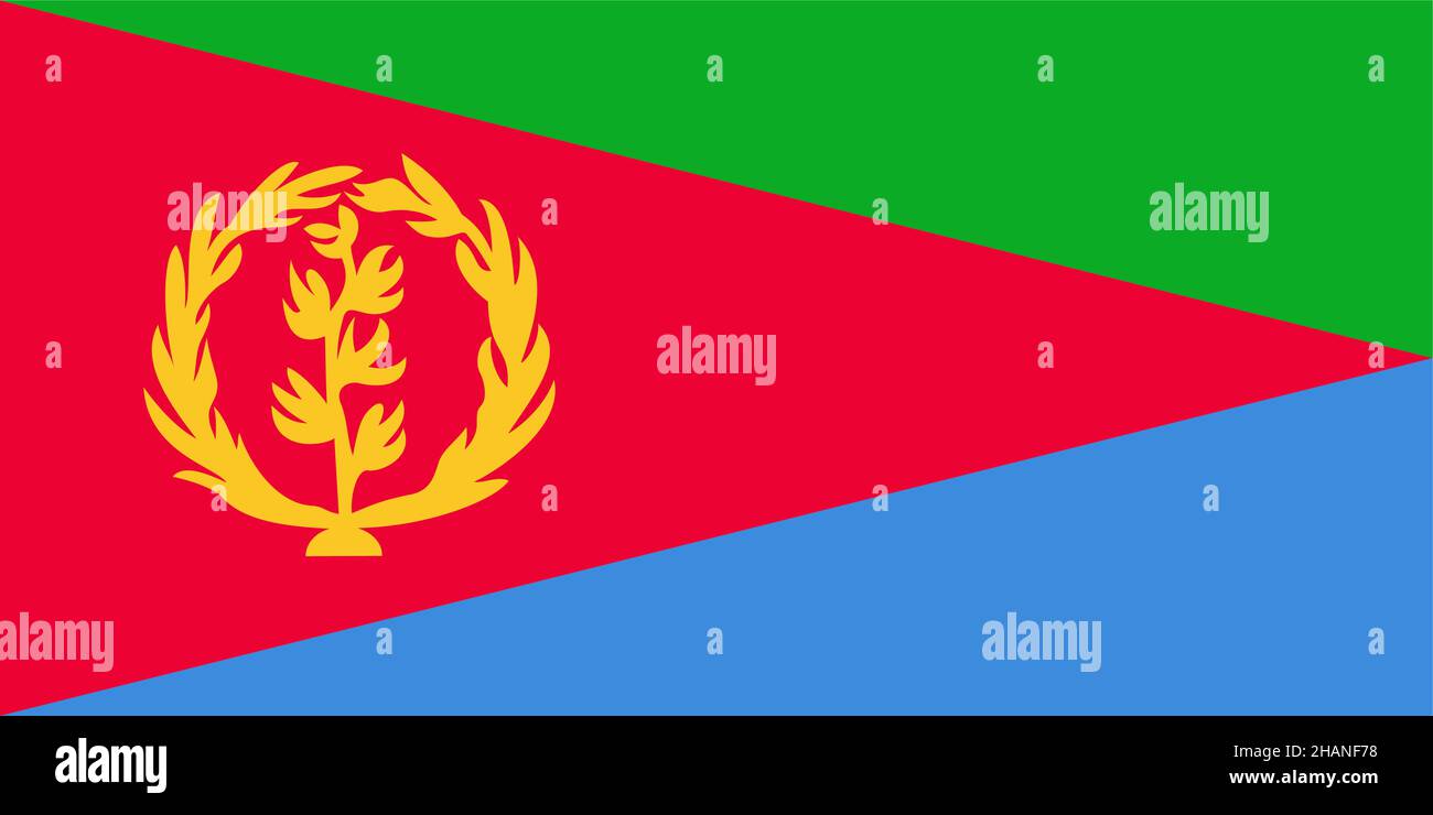 Etat du drapeau national de l'Erythrée, triangle isoscelles rouge divisé en deux triangles droits, le triangle supérieur est vert et le triangle inférieur est bleu avec un in Illustration de Vecteur