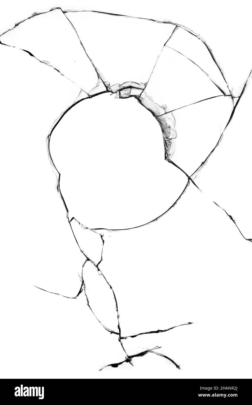 Verre cassé fissuré isolé sur fond blanc. Banque D'Images