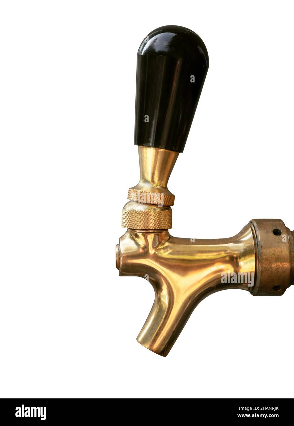 Robinet à bière en laiton ou robinet à bière, vue latérale.Gros plan du robinet standard ou de fermeture arrière.Corps de robinet forgé or jaune et bouton de robinet noir Banque D'Images