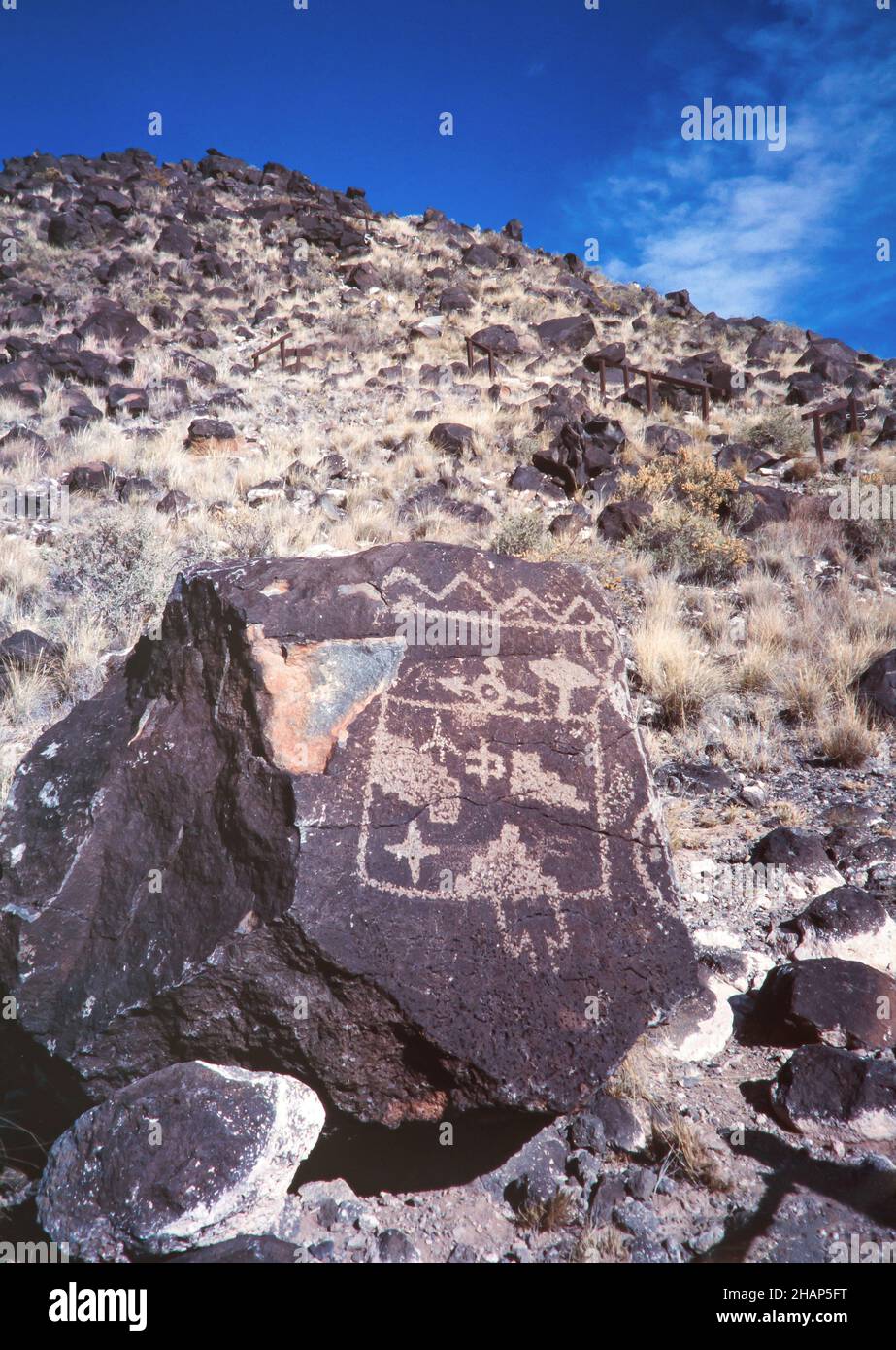 D'anciens pétroglyphes amérindiens sculptés dans des roches au monument national de Petroglyph à Albuquerque, Nouveau-Mexique. Banque D'Images