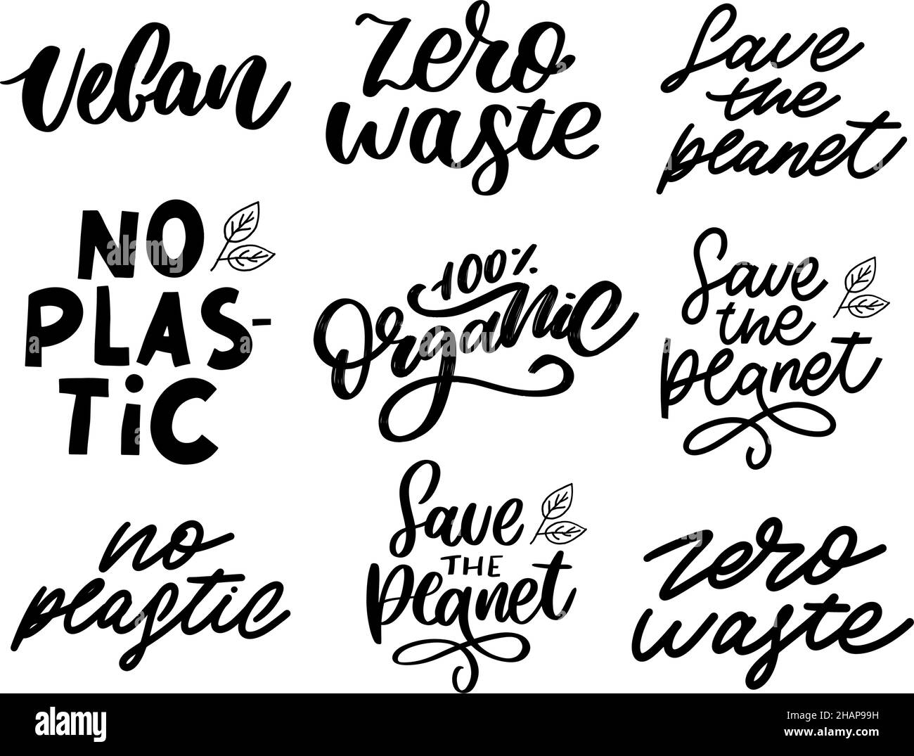 Jeu de caractères bio. Mot bio dessiné à la main avec des feuilles vertes. Étiquette, modèle de logo pour les produits biologiques, marchés alimentaires sains. Illustration de Vecteur