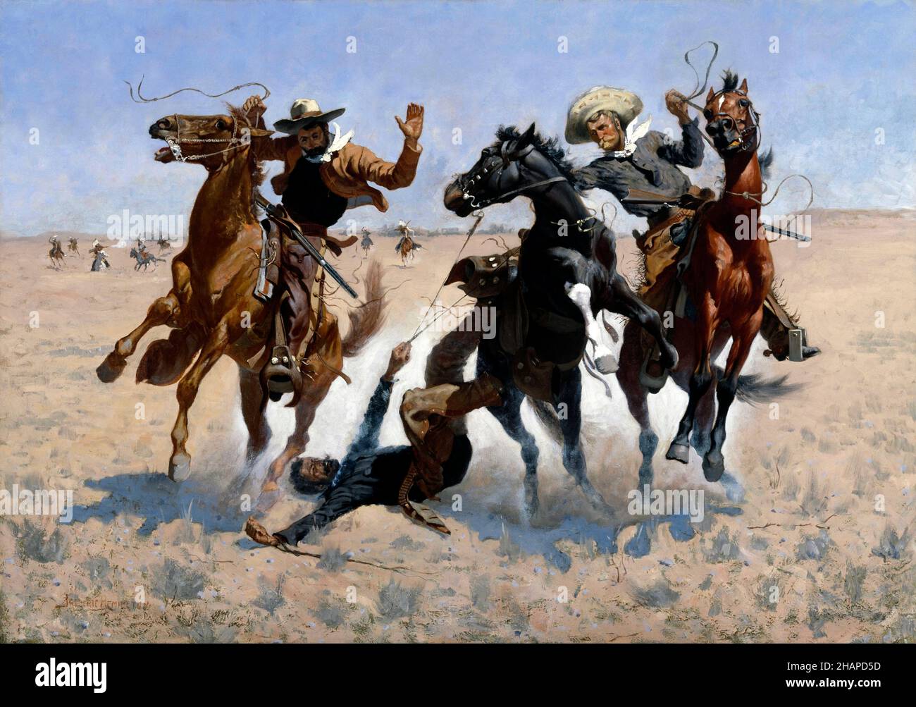 Aide à un camarade de l'artiste américain Frederic Remington (1861-1909), huile sur toile, 1889/90 Banque D'Images