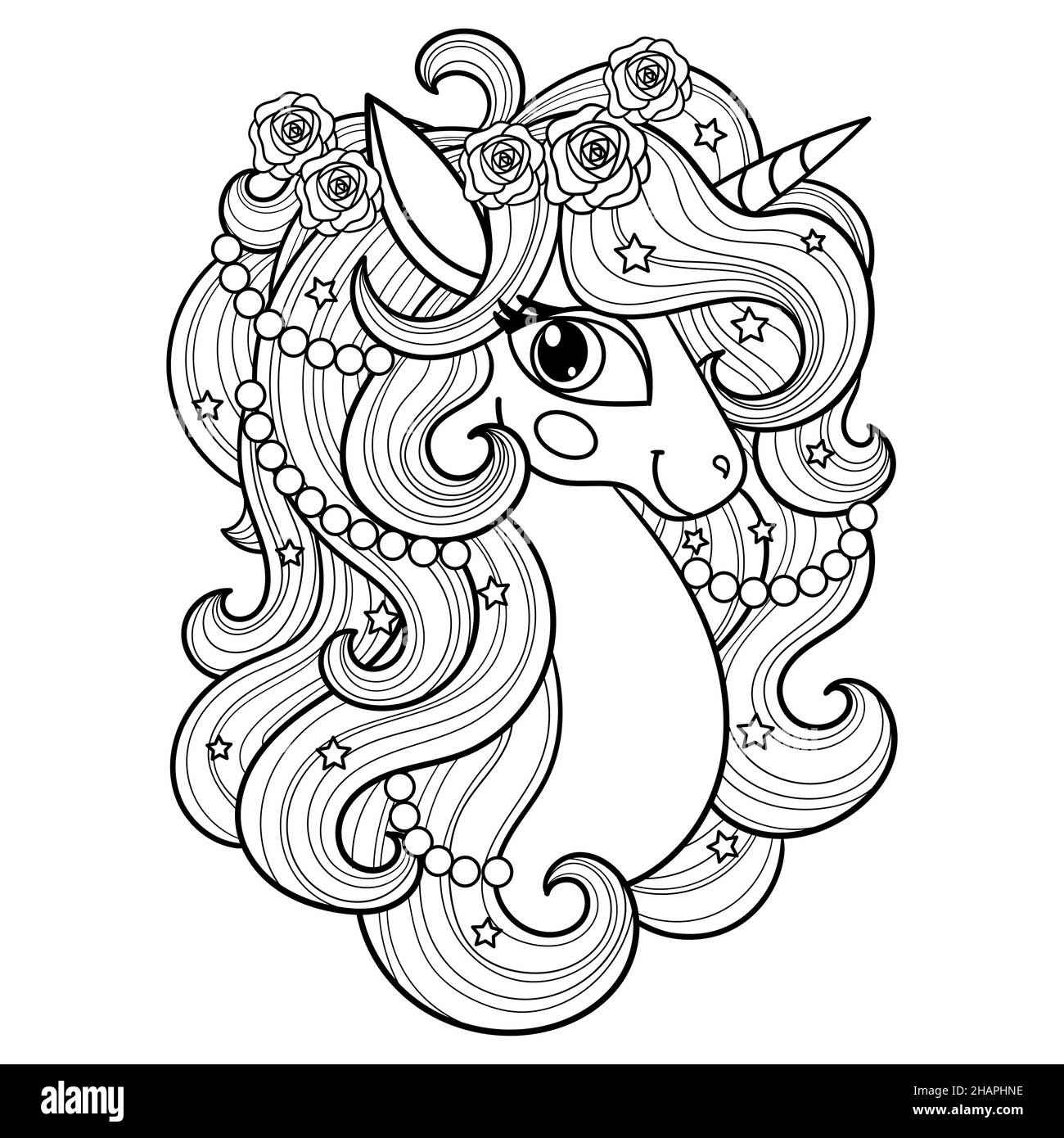 Tête UNICORN.Dessin linéaire noir et blanc.Vecteur Illustration de Vecteur