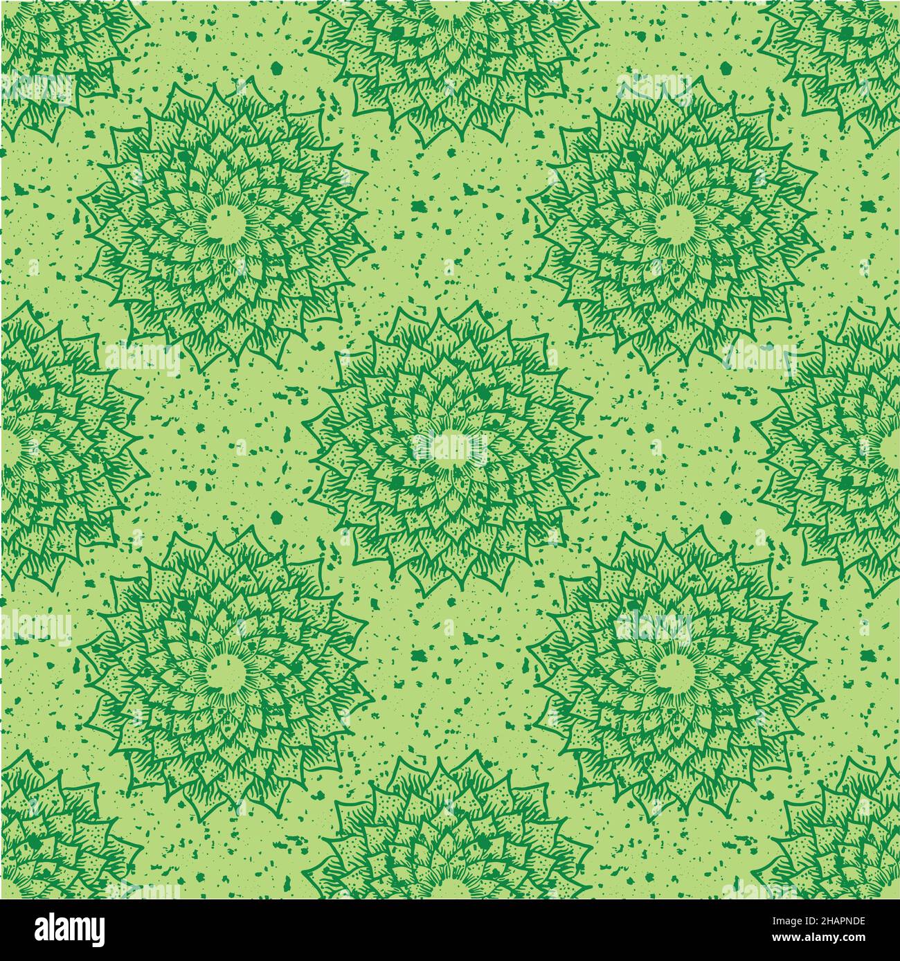Mandala motif floral vectoriel fond sans couture.Délicate fleurs dessinées toile de fond géométrique, vert avec texture en terrazzo mouchetée.Ressemblait au crochet Illustration de Vecteur