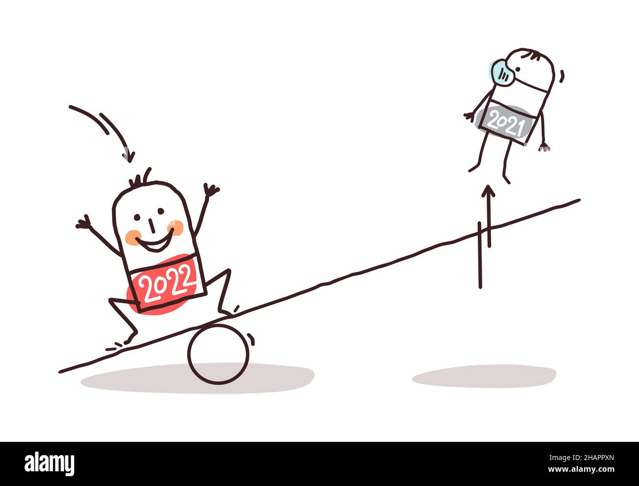 Dessin animé main 2022 homme sauter sur un plateau de teeter, et bumping sur un 2021 avec masque Illustration de Vecteur