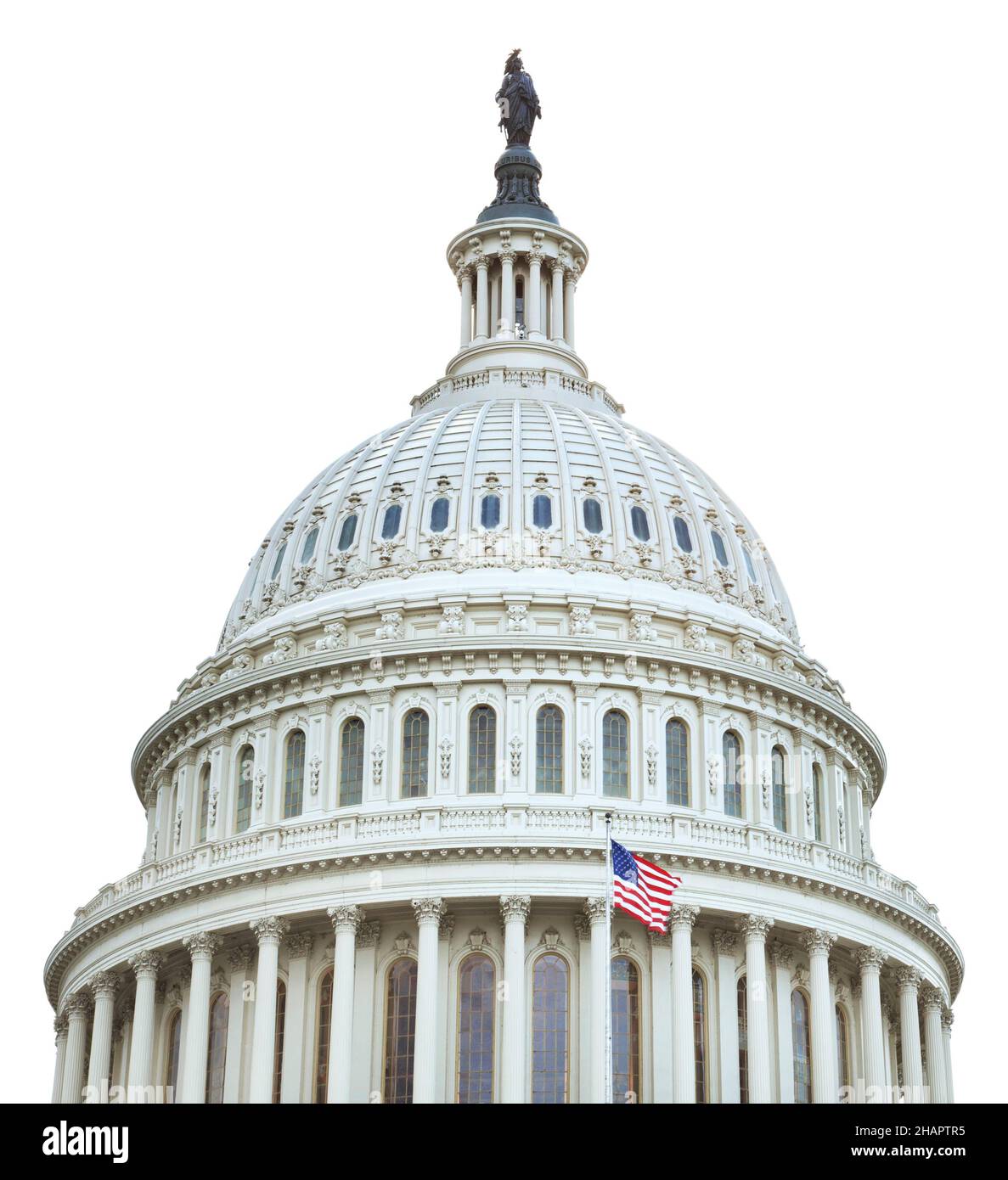 Le dôme du capitole des États-Unis avec un drapeau américain isolé sur fond blanc Banque D'Images