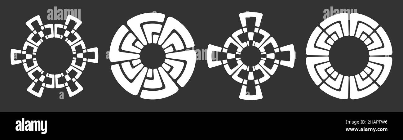 Ensemble de quatre ornements circulaires abstraits, ethniques, anciens motifs d'ornement, signes.Motifs décoratifs isolés sur fond noir.Éléments de conception. Illustration de Vecteur